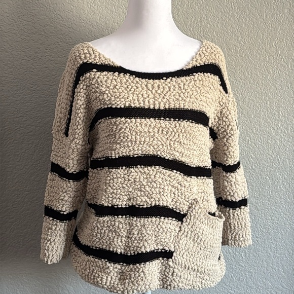 Rewind Cream and Black Crew Neck Sweater with Stripes Large - Picture 3 of 4